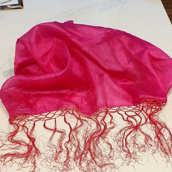 Raw Silk Square Fringed Deep Pink Scarf - Picture 1 of 6